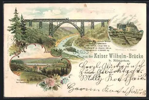Lithographie Müngsten, Kaiser Wilhelm-Brücke, Thalsperre bei Remscheid und Oberburg a. d. Wupper