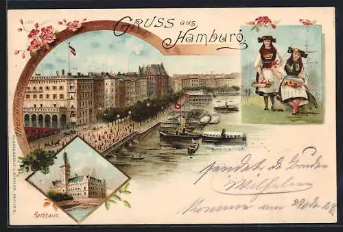 Künstler-AK Hamburg, Promenade, das Rathaus, Frauen in Trachten