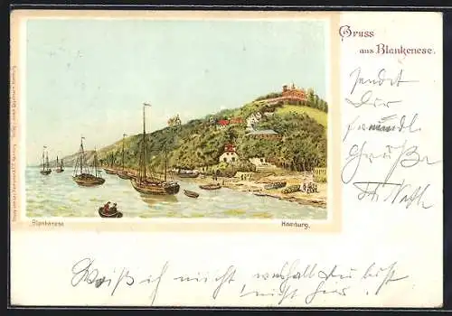 Lithographie Hamburg-Blankenese, Flusspartie mit dem Süllberg