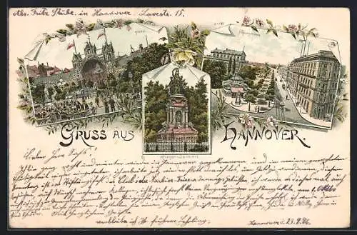 Lithographie Hannover, Kriegerdenkmal, Etablissement Tivoli und Georgstrasse mit Café Kröpcke