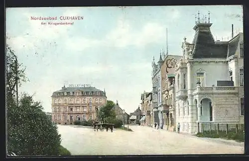 AK Cuxhaven, Am Kriegerdenkmal und Dolle`s Hotel