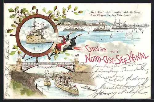 Lithographie Kriegsschiffe im Nord-Ost-See-Kanal, Kriegshafen