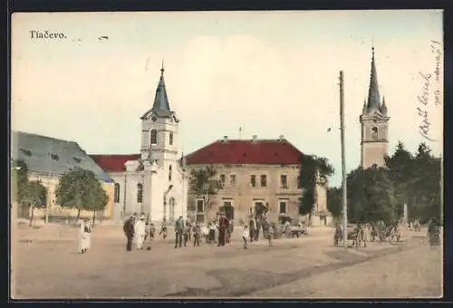 AK Tiacevo, Strassenpartie mit Kirche und Passanten