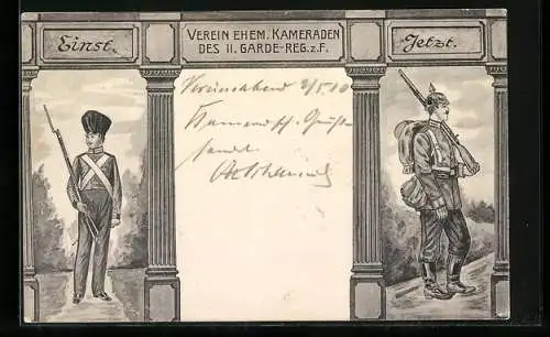 Künstler-AK Verein ehem. Kameraden des II. Garde-Reg. z. F., Frühere und gegenwärtige Uniformen