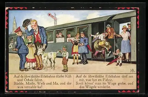 Künstler-AK Hans Boettcher: Fahrgäste der schwäbischen Eisenbahn