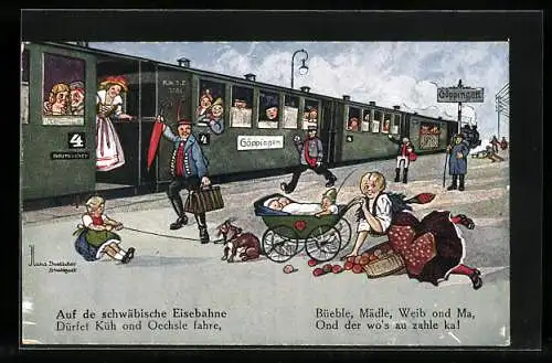 Künstler-AK Hans Boettcher: Schwäbische Eisenbahn hält in Göppingen, Frau mit Obstkorb stolpert
