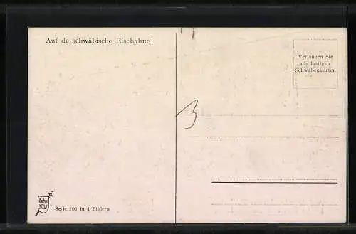 Künstler-AK Hans Boettcher: Schwäbische Eisenbahn hält in Göppingen, Frau mit Obstkorb stolpert