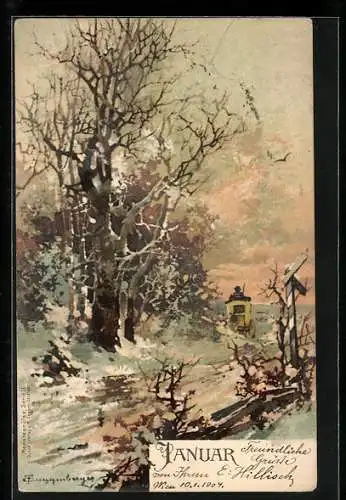 Künstler-AK T.Guggenberger: Allegorie, Winterlandschaft im Januar