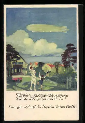 Künstler-AK Otto Amtsberg: Zeppelin-Eckener-Spende, Mutter und Kind winken dem Zeppelin