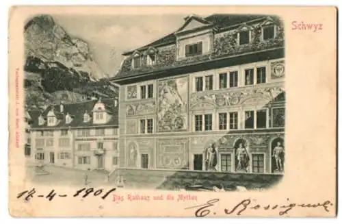 Relief-AK Schwyz, Das Rathaus und die Mythen