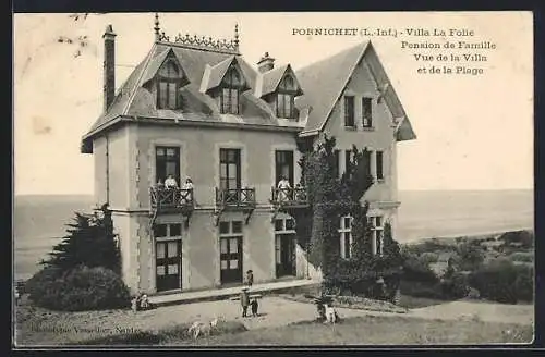 AK Pornichet, Villa La Folie, Pension de Famille, Vue de la Villa et de la Plage