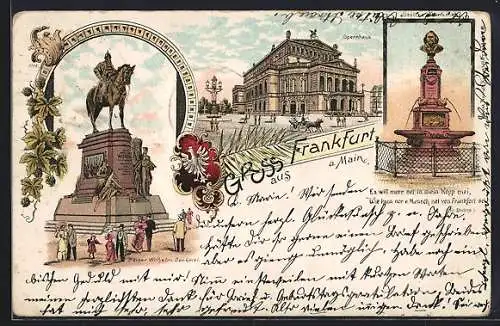 Lithographie Frankfurt a. M., Stoltze-Denkmal, Kaiser Wilhelm-Denkmal, Opernhaus, Wappen