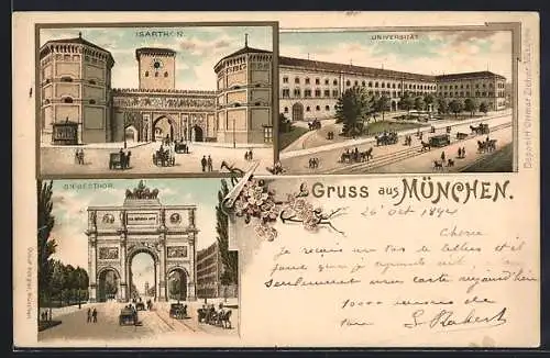 Vorläufer-Lithographie München, 1894, Isarthor, Universität m. Strasse, Siegesthor