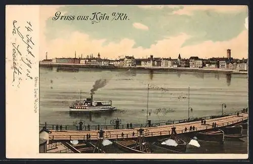 Lithographie Köln /Rh., Rheinpartie mit Bootsanleger, Dampfer und Stadtpanorama
