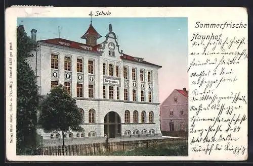 Goldfenster-AK Naunhof / Mulde, Schule mit leuchtenden Fenstern