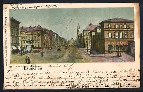 Lithographie München, Strassenpartie mit Passanten