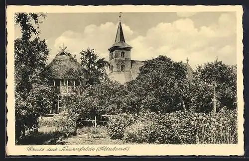 AK Neuenfelde /Altes Land, Kirche und Reetdachhaus