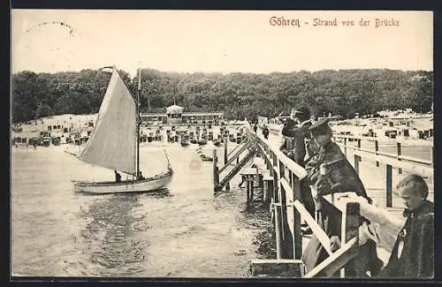 AK Göhren, Strand von der Brücke, Segelboot