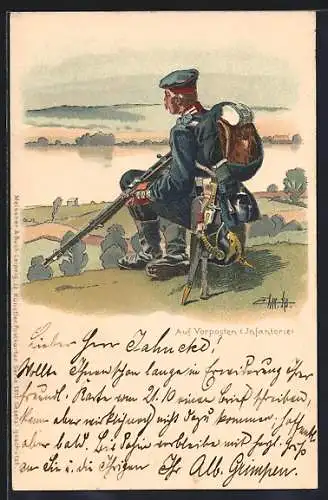 Künstler-Lithographie Auf Vorposten, Infanterie, Soldat mit Marschgepäck