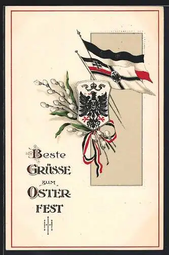 AK Ostern, Reichskriegsfahne, Deutsche Fahne, Wappen, Weidenkätzchen