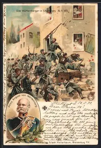 Lithographie Champigny, Die Württemberger in der Stadt 1870, Prinz August von Württemberg