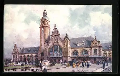 Künstler-AK Charles F. Flower: Crefeld, Hauptbahnhof mit Passanten