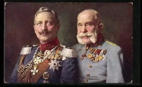 AK Kaiser Franz Josef I. von Österreich in Uniform mit Kaiser Wilhelm II. mit Orden in Treue vereint, Rotes Kreuz