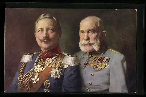 AK Kaiser Franz Josef I. von Österreich in Uniform mit Kaiser Wilhelm II. mit Orden in Treue vereint, Rotes Kreuz