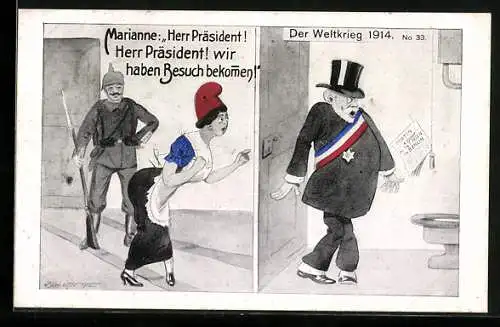 AK Marianne zum französischen Präsidenten auf der Toilette, Wir haben Besuch aus Deutschland bekommen, 1914