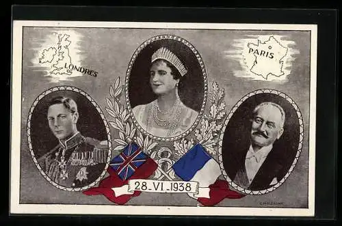 AK Drei Adelsportraits von England und Frankreich, Flaggen, 28.VI.1938, London - Paris