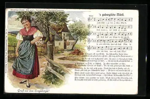 AK Erzgebirge, Lied Nr.402, 's gebergische Mädl, Frau aus dem Erzgebirge