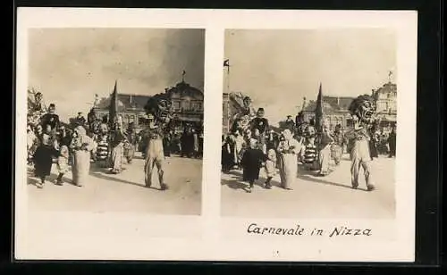 Stereo-AK Nizza, Carnevale, verkleidete Bewohner ziehen durch die Strasse