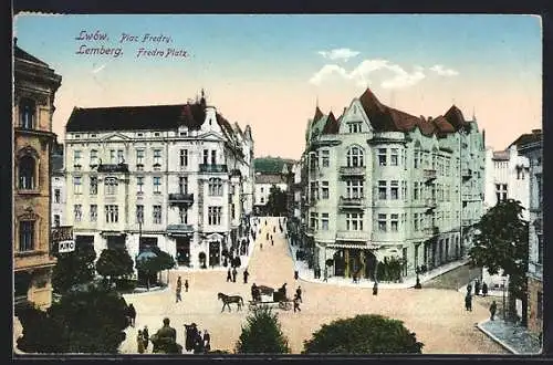 AK Lemberg, Fredro-Platz mit Kino und Pferdewagen