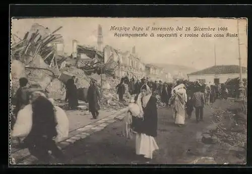 AK Messina, Accampamento di superstiti e rovine della casa Ainis, dopo il terremoto 28.12.1908