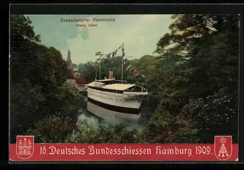 Künstler-AK Hamburg, 16. Deutsches Bundesschiessen 1909, Ozeandampfer Hammonia