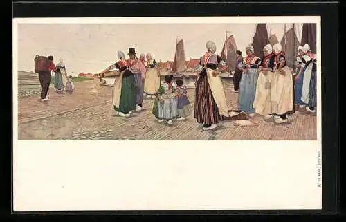 Künstler-AK Volendam, Frauen auf dem Fischmarkt