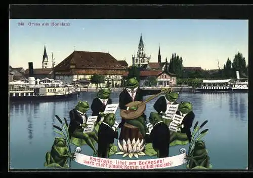 AK Konstanz, Frösche singen und musizieren am Bodensee, Dampfer König Wilhelm an der Anlegestelle