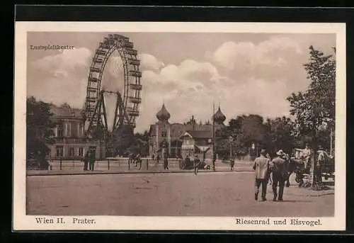 AK Wien, Wiener Prater, Lustspieltheater, Riesenrad und Eisvogel