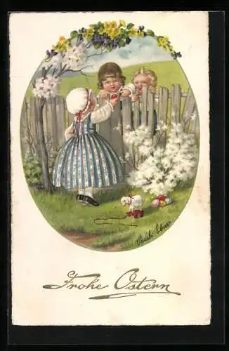 Künstler-AK Pauli Ebner: Voulez-vous mes violettes? Kinder am Gartenzaun zur Blütezeit