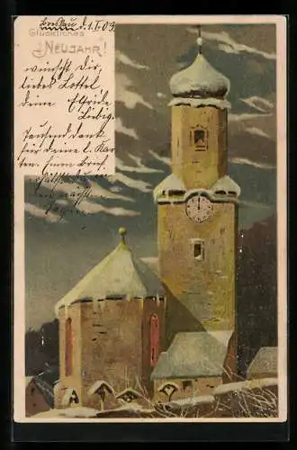 Künstler-AK Alfred Mailick: schneebedeckte Kirche, Neujahr