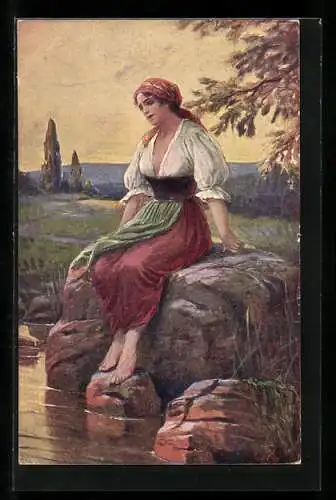 Künstler-AK C.V.Muttich: Verlassene Frau am Felsen