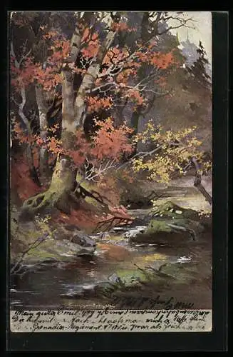 Künstler-AK Theodor Guggenberger: Herbstliche Waldidylle mit Fluss