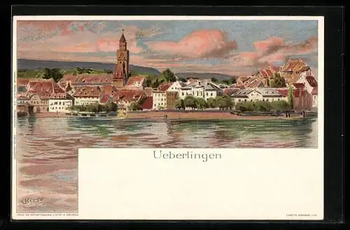 Künstler-Lithographie Carl Biese: Ueberlingen / Bodensee, Totalansicht des Ortes