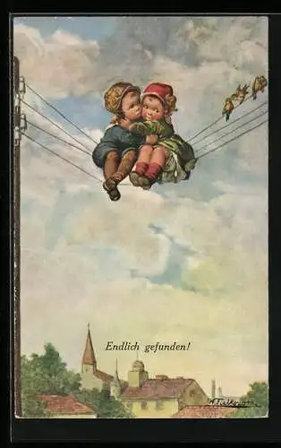 Künstler-AK Wally Fialkowska: zwei Kinder auf Drähten über dem Ort sitzend