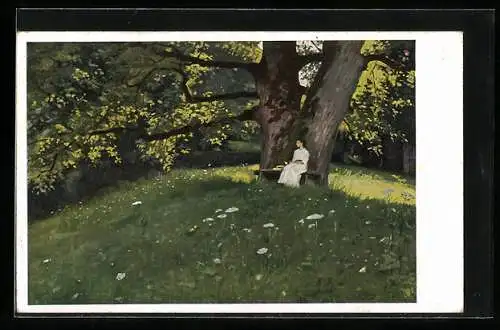 Künstler-AK sign. Walther Witting: Lieblingsplätzchen, Eine Dame unter einem Baum