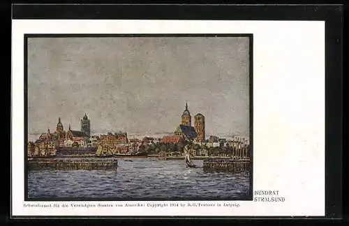 Künstler-AK Stralsund, Panorama mit Hafeneinfahrt