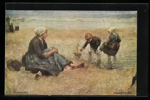 Künstler-AK sign. Bloomers: Mutter und Kinder am Strand