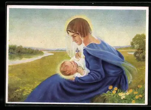 Künstler-AK sign. Hans Lang: Madonna mit Christkind auf einer Wiese