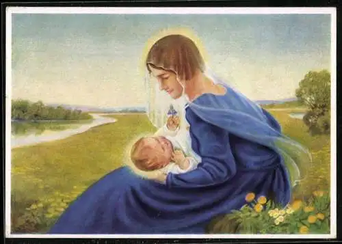 Künstler-AK sign. Hans Lang: Madonna mit Jesus und Blume