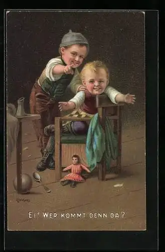 Künstler-AK sign. Kleehaas: Ei! Wer kommt denn da?, Kinderpaar mit Puppe